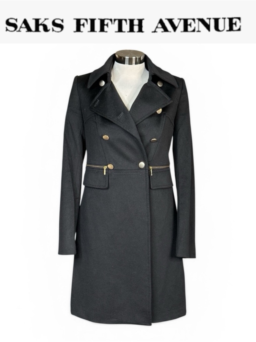 RED SAKS FIFTH AVENUE BLACK WOOL MILITARY COAT GOLD BUTTON TAILORED JACKET